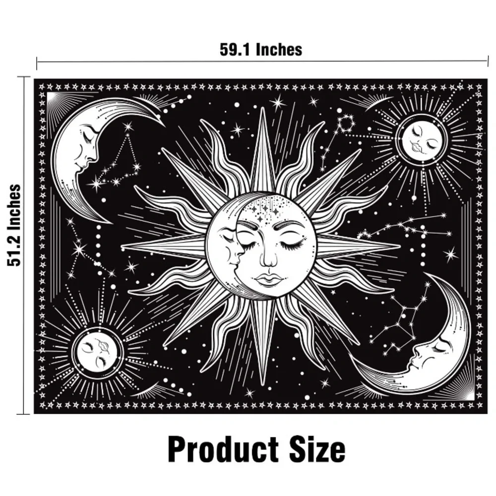 Hippie Sun/Moon Constellation Retro Black/White Tapestry Wall Dorm/Room Art Deco - Picture 4 of 5